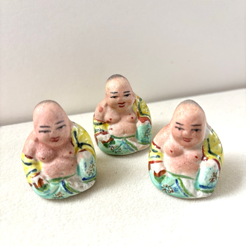 Vintage Happy Buddha Set Of 3 Figurines Chinese Miniature Bisque